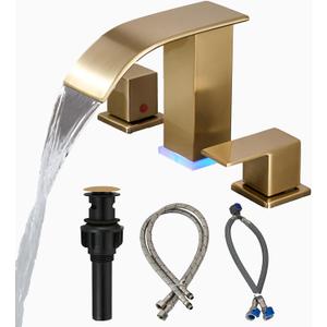 Brushed Gold Bathroom Faucet 3 Hole Widespread Waterfall Vanity Faucet for Bathroom Sink, Modern Touch on Two Handle Gold Faucet (Brushed Gold)