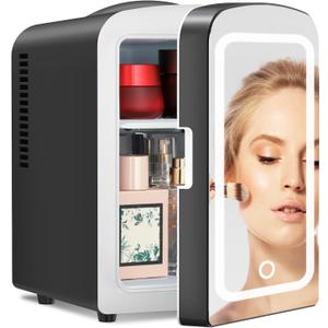 Antarctic Star 4L Makeup Mini Refrigerator With Mirror for Bedroom, Car, Office & Dorm, Portable Small Cooler for Cosmetics, Skin Care, Black