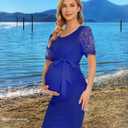 Floral Mesh Bishop Long Sleeve Maternity Midi Dress, Fall Maternity Bodycon Dress for Baby Shower (Short Sleeve Royal Blue, S)