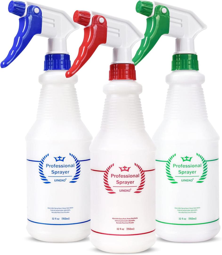 Uineko Plastic Spray Bottle (3 Pack, 32 Oz, 3 Colors) Heavy Duty All-Purpose Empty Spraying Bottles Leak Proof Commercial Mist Water Bottle for Cleaning Solutions Plants Pet with Adjustable Nozzle