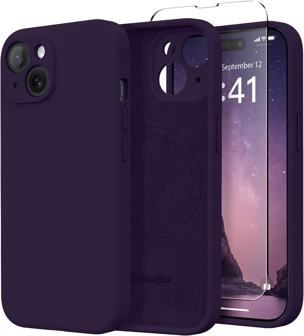 Magnetic for iPhone 15 Case, Compatible with MagSafe, [Screen Protector + Full Camera Protection], Silicone Shockproof Anti-Scratch Protective Phone Case for iPhone 15 6.1", Deep Purple