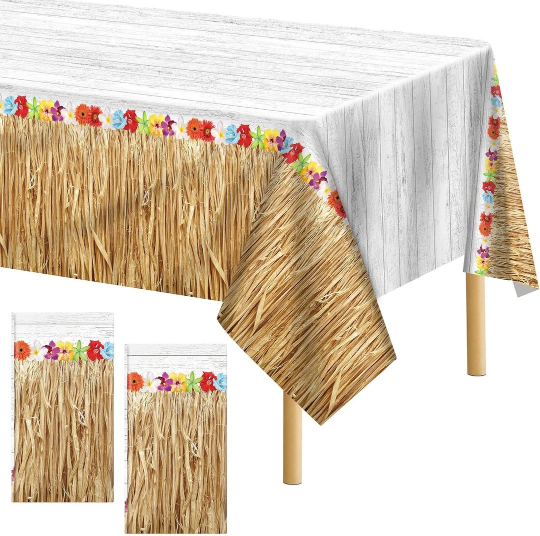durony 2 Pack Hawaii Plastic Tablecloth Hawaiian Brown Grass Tablecloth Table Cover 54 x 108 Inches Waterproof Hawaii Flowers Tablecloth Table Cover for Hawaii Tropical Party Decorations