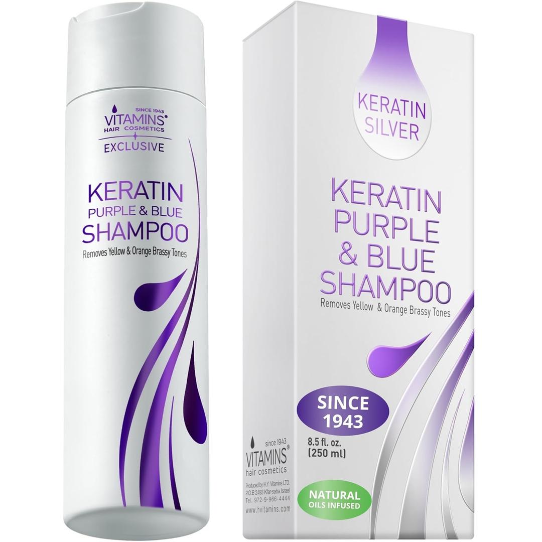 VITAMINS hair cosmetics Keratin Purple Shampoo for Blondes - Blue Shampoo - Hair Toner for Bleached Hair - Tones Brassiness & Repairs Blonde, Silver, Grey, White & Ash Gray Locks