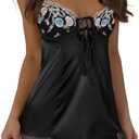 Kolagri Womens Sexy Satin Nightgown Spaghetti Strap Floral Lace V Neck Lingerie Dress Slip Babydoll Chemise Sleep Wear M