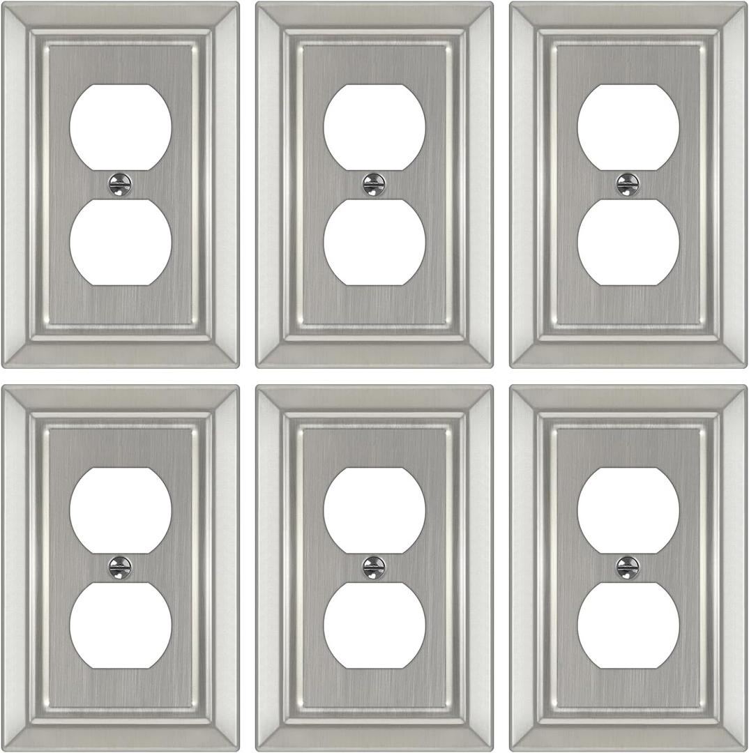 Metal Wall Plate for Electrical Outlets, Decorative Brushed Nickel Switch Plates Outlet Cover, Light Switch Cover Plate, 1-Gang Wall Plates (Duplex Outlet, 6 Pack)