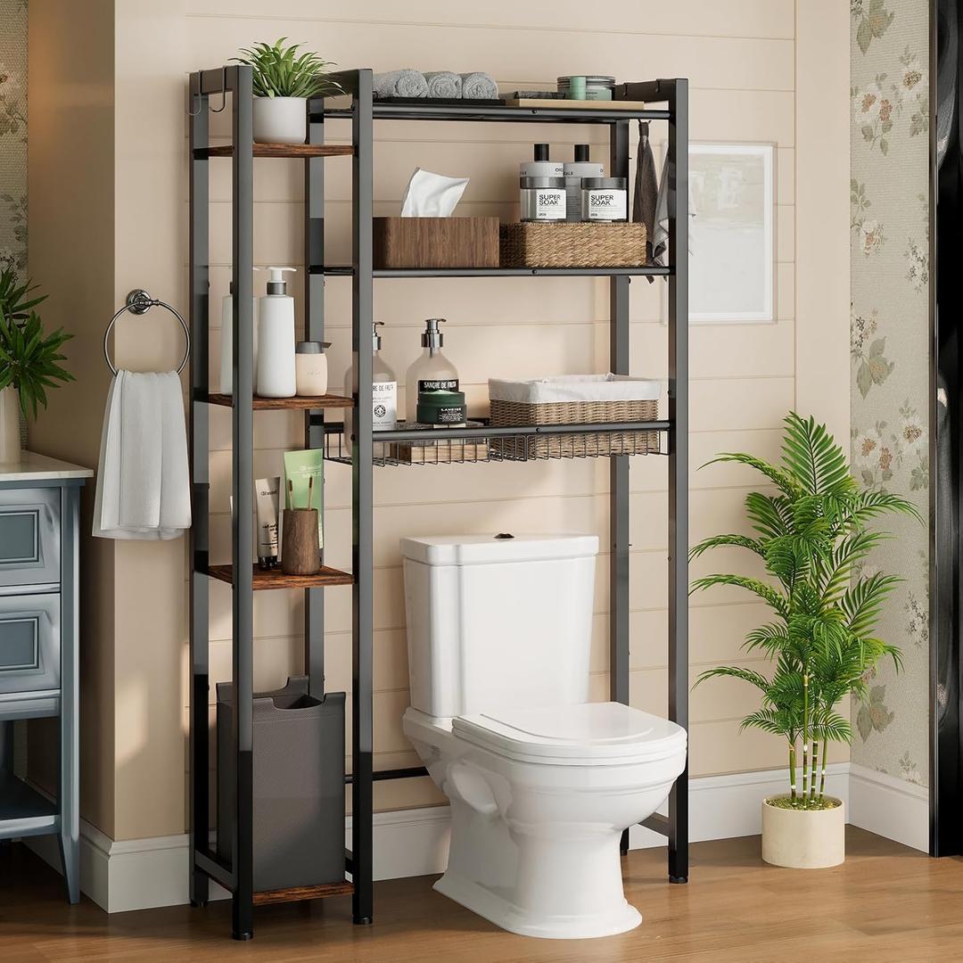 Over The Toilet Storage with Side Rack, 7-Tier Bathroom Organizer with Adjustable Shelf & Drain Basket & 4 Hooks, Freestanding Space Saver for Balcony, Laundry (Vintage Brown)