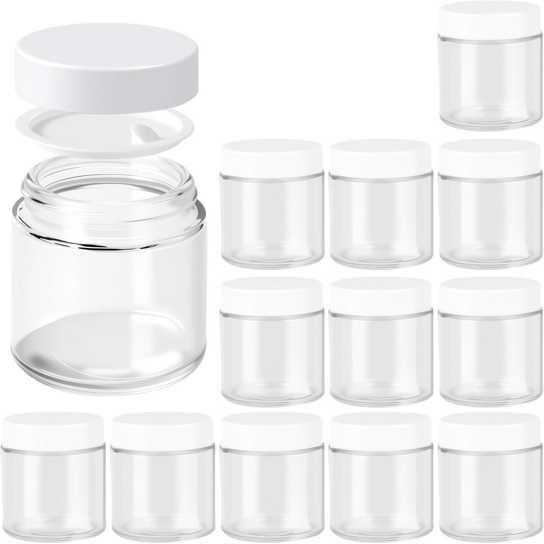 4oz Jars with Lids, Hoa Kinh 12 Pack Clear Glass Jars with Lids Empty Cosmetic Containers Round Airtight Glass Jar with Inner Liners and White Lid for Storing Lotions, Powders, and Ointments