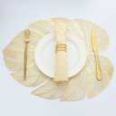 Evevda Gold Leaf Shaped Vinyl Placemats for Dinner Table Set of 8 Metallic Plastic Gold Place Mats Wipeable 8Pcs Table Mats for Wedding Annersary Dinner Table Decoration Mats