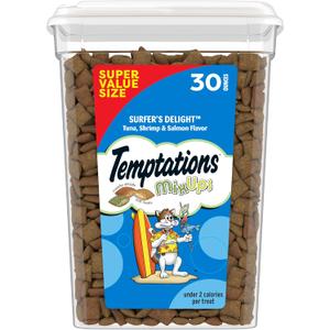 Temptations Cat Treats MixUps Surfer's Delight, Tuna, Shrimp, Salmon Flavor, Crunchy and Soft Cat Treats, 30 oz. Tub (1.88 Pound (Pack of 1)) BBD: 

04/2027