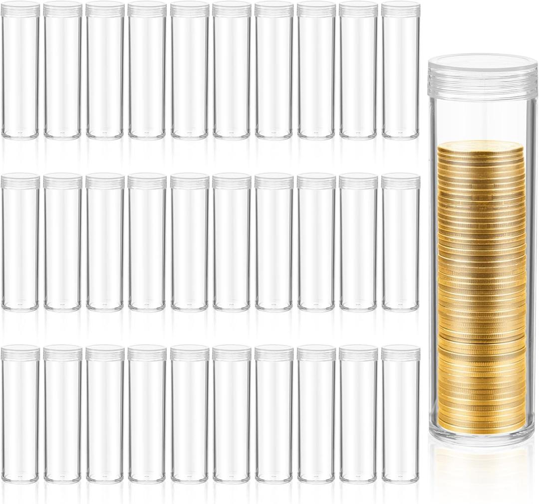30 Pcs Plastic Coin Tubes, 4 x 0.8 Inch Clear Coin Storage Tube Cylinder Coins Storage Holders with Screw Lid for Coins Collection Supplies, Bank Rolls, Home, Shop