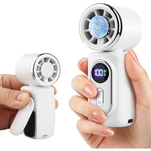 Clip-On Portable Fan with Ice Cooling, 5 Speeds Rechargeable Handheld Mini Fan with LED Display, 180 Portable Turbo Fan for Stroller, Eye Lash, Travel, Concert, Beach, Gifts for Women (White)