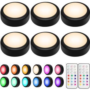 BLS LED Puck Lights with Remote Control, Wireless Under Cabinet & Closet Lighting, RGB 13 Color Changing Lights with Dimmer, Timer & AA Battery Operated, Push, Touch, Stick on for Night, Black, 6 Pack