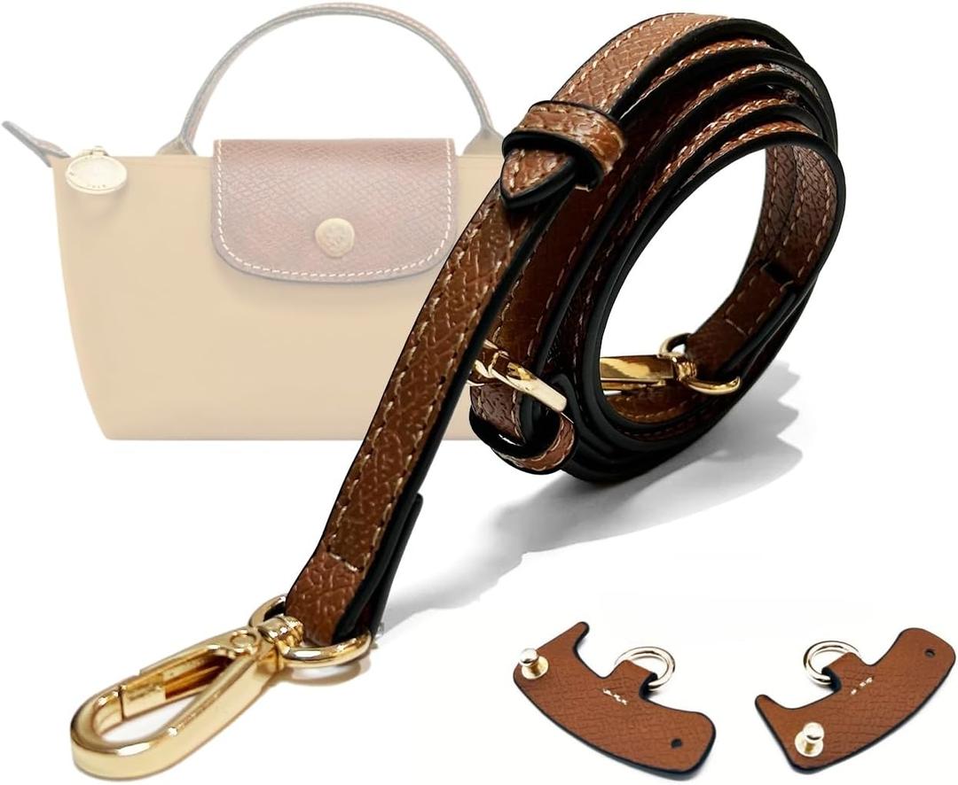 Upgraded Bag Strap Fits Longchamp Mini Bag, Adjustable Leather Strap Conversion Kit for Le Pliage XS Pouch (Brown-Gold)