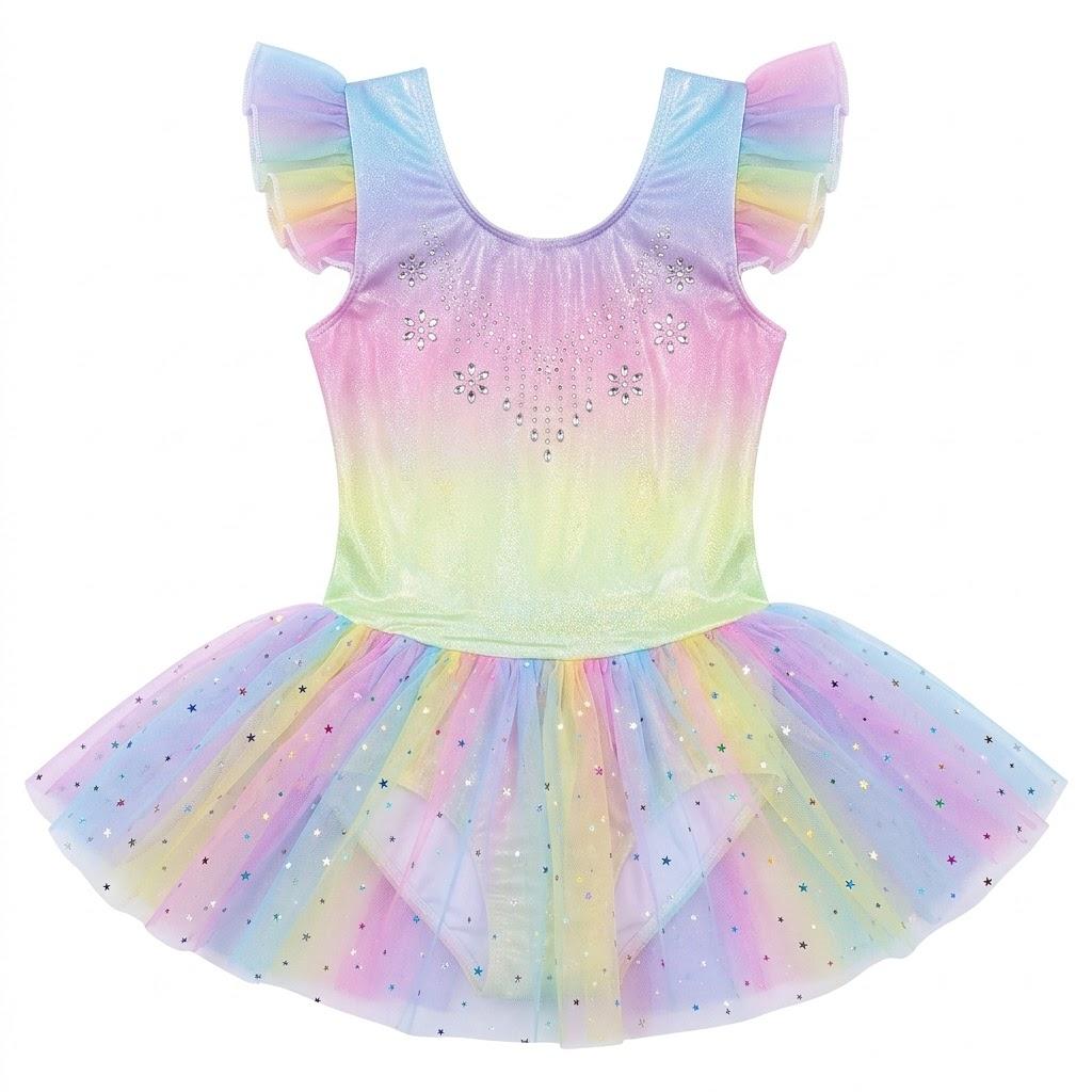 Zaclotre Sparkly Rainbow Stars Tutu Leotard for Girls- 150 cm/4 feet 11 Inches- for 10-12 Years Old