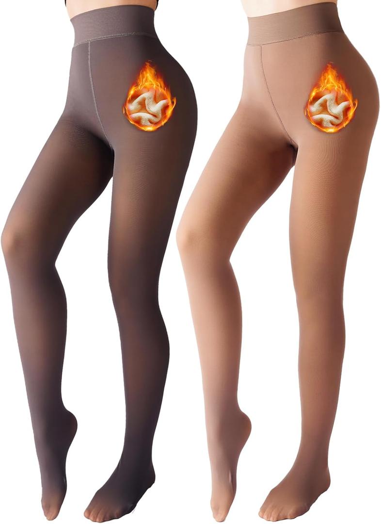 Fleece Lined Tights Sheer Winter - Fake Translucent Tights Winter Thick Warm Pantyhose Sheer Women Leggings (Large, Grey+brown)
