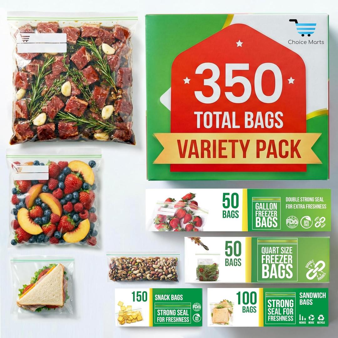 Baggies Variety Size Pack  350 Count Food Storage Variety Pack with 50 Gallon Freezer Bags, 50 Quart Freezer Bags, 100 Sandwich Bags & 150 Snack Bags  Heavy Duty Resealable Freezer Storage Bags