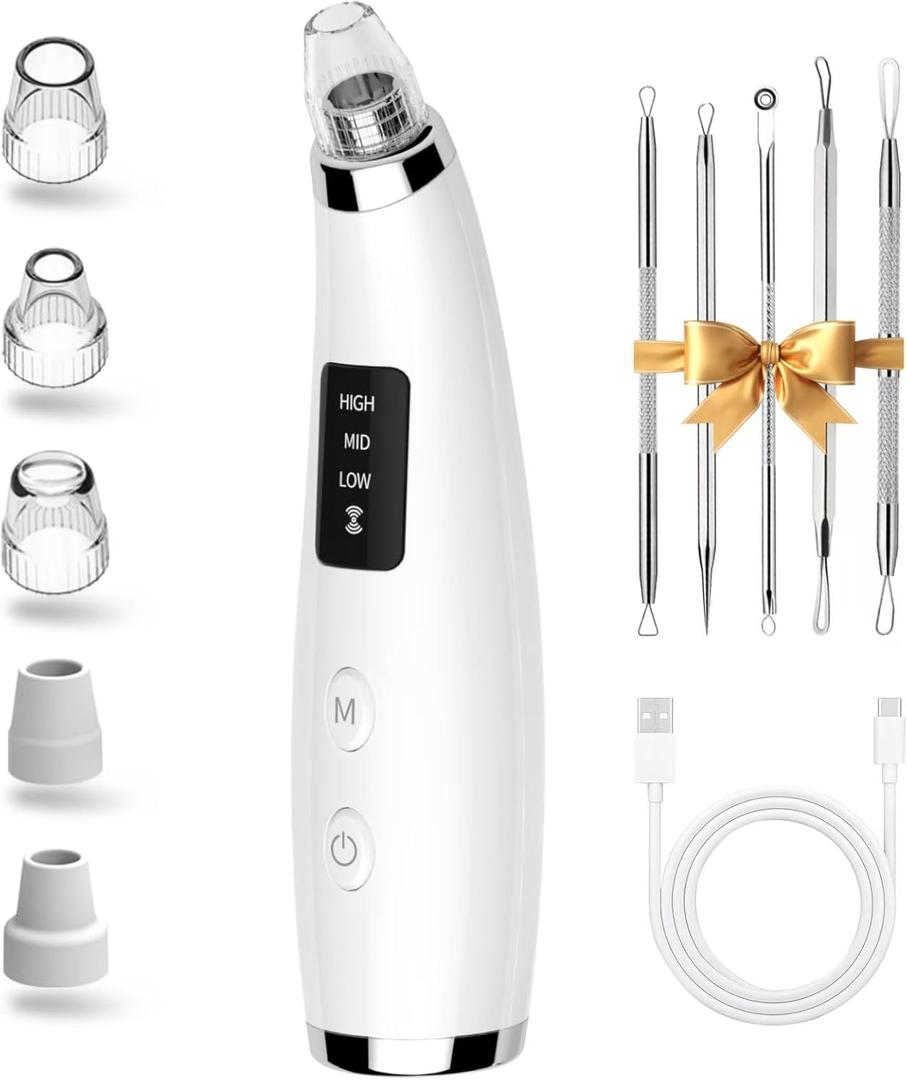 Facial Pore Blackhead Remover Vacuum - Fore Cleaner and Blackhead Extractor with 3 Adjustable Suction Levels - 5 Probes - Pore Vacuum Kit for Women&Men (White)