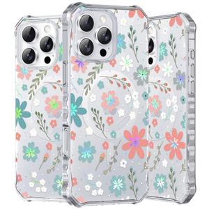 Hocase for iPhone 16 Pro Case 6.3"", with [Curly Wave Edge & Shiny Design] [Compatible with MagSafe] [Reinforced Corners] Slim Fit Shockproof Protective Phone Case - Blue Pink Flowers