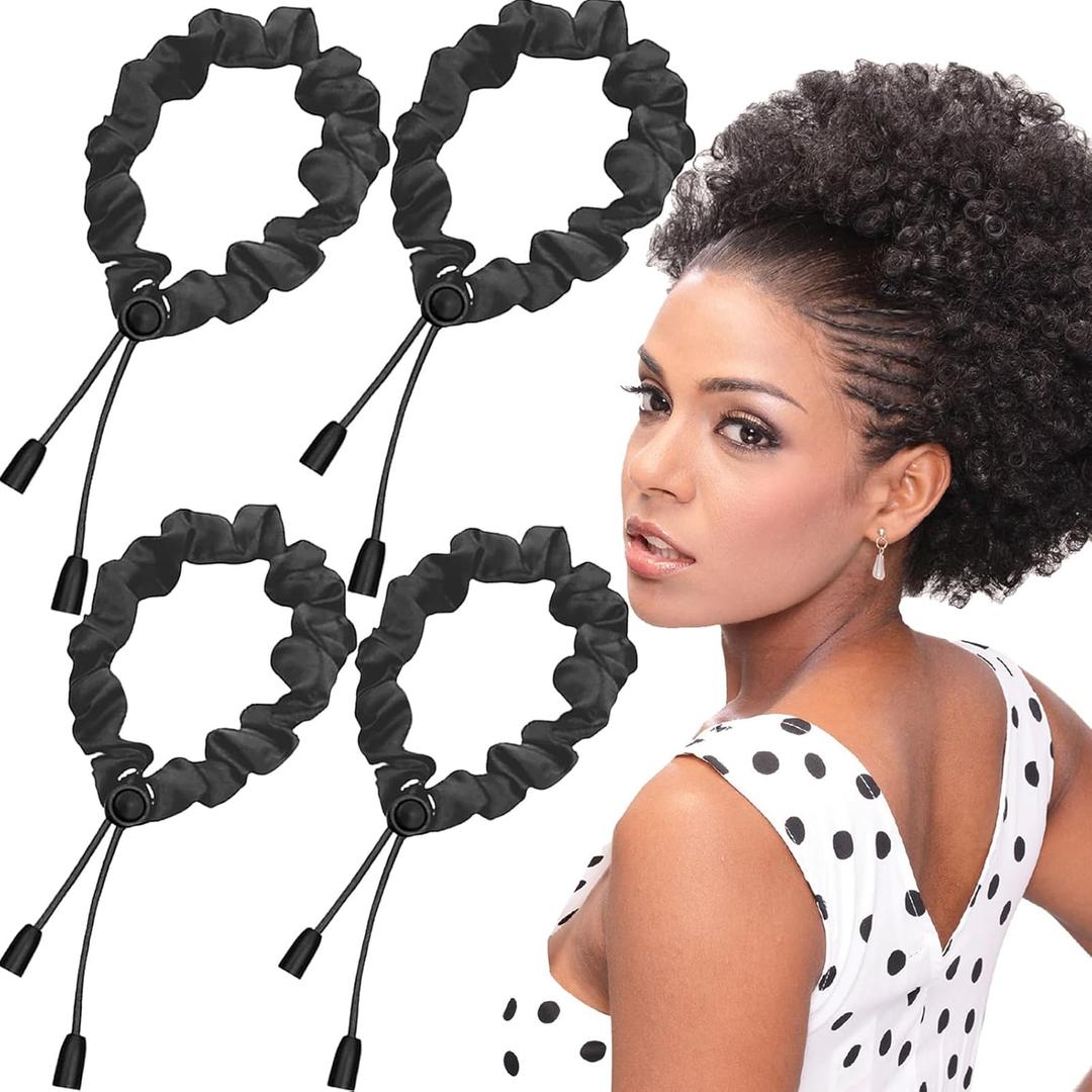 4pcs Black Adjust Satin Hair Scrunchies for Women Girls, Adjustable Hair Ties Soft Than Silk for 4c Girlie Thick Curly Natural Hair, Easy to Use Hair Accessories for Afro Puff Loc Ponytails (1 Count (Pack of 1))