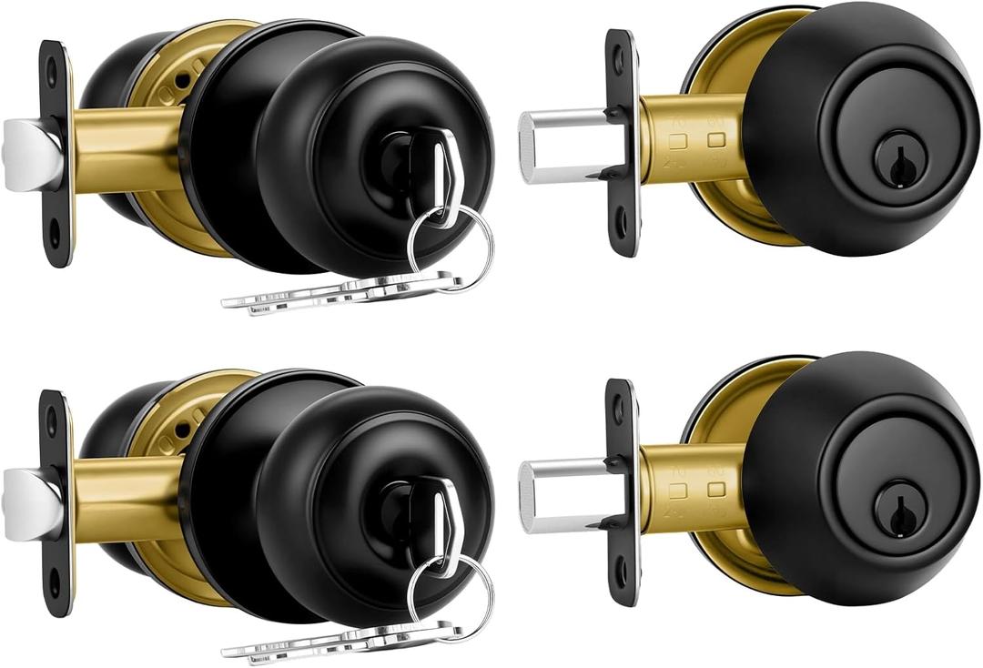 2 Pack Front Door Lock Set Matte Black,Exterior Door Lock Set with Deadbolt,Single Cylinder Deadbolt Lock and Door Knob Set,Keyed Alike Door Knobs with Lock&Keys,Round Ball Entry Door Lockset
