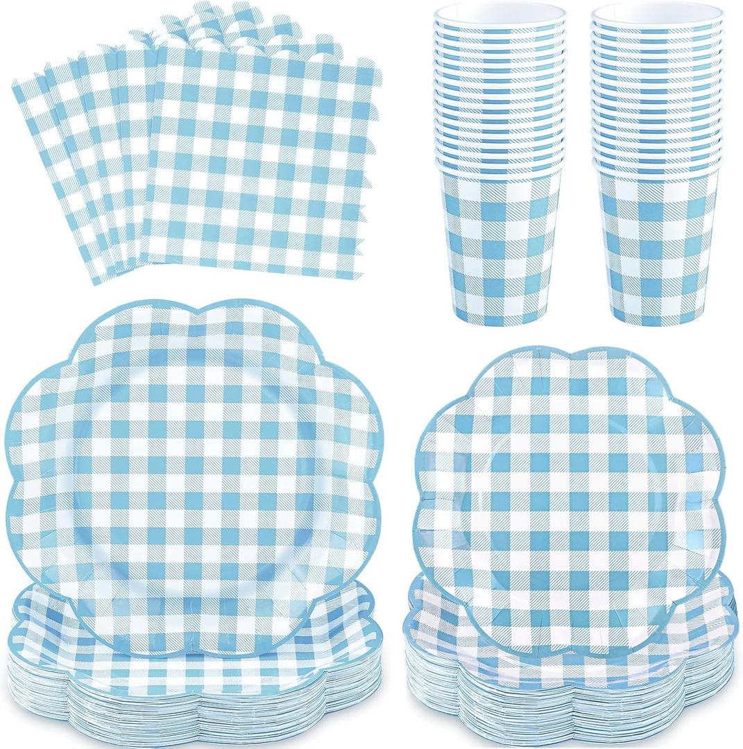 NatNarr 250 Pcs Blue Gingham Party Supplies, Scalloped Blue and White Checkered Tableware Set Includes Disposable Plates Napkins and Cups for Wedding Birthday Picnic Baby Bridal Shower