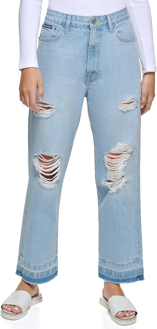 DKNY Womens Cuffed Boyfriend Wide Leg Straight Leg Jean (27, Pl Wh W/Ds)