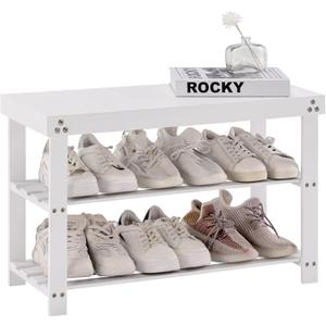 Apicizon Bamboo Shoe Rack for Entryway, 3-Tier Shoe Rack Bench for Front Indoor Entrance, Small Shoe Organizer with Storage, White