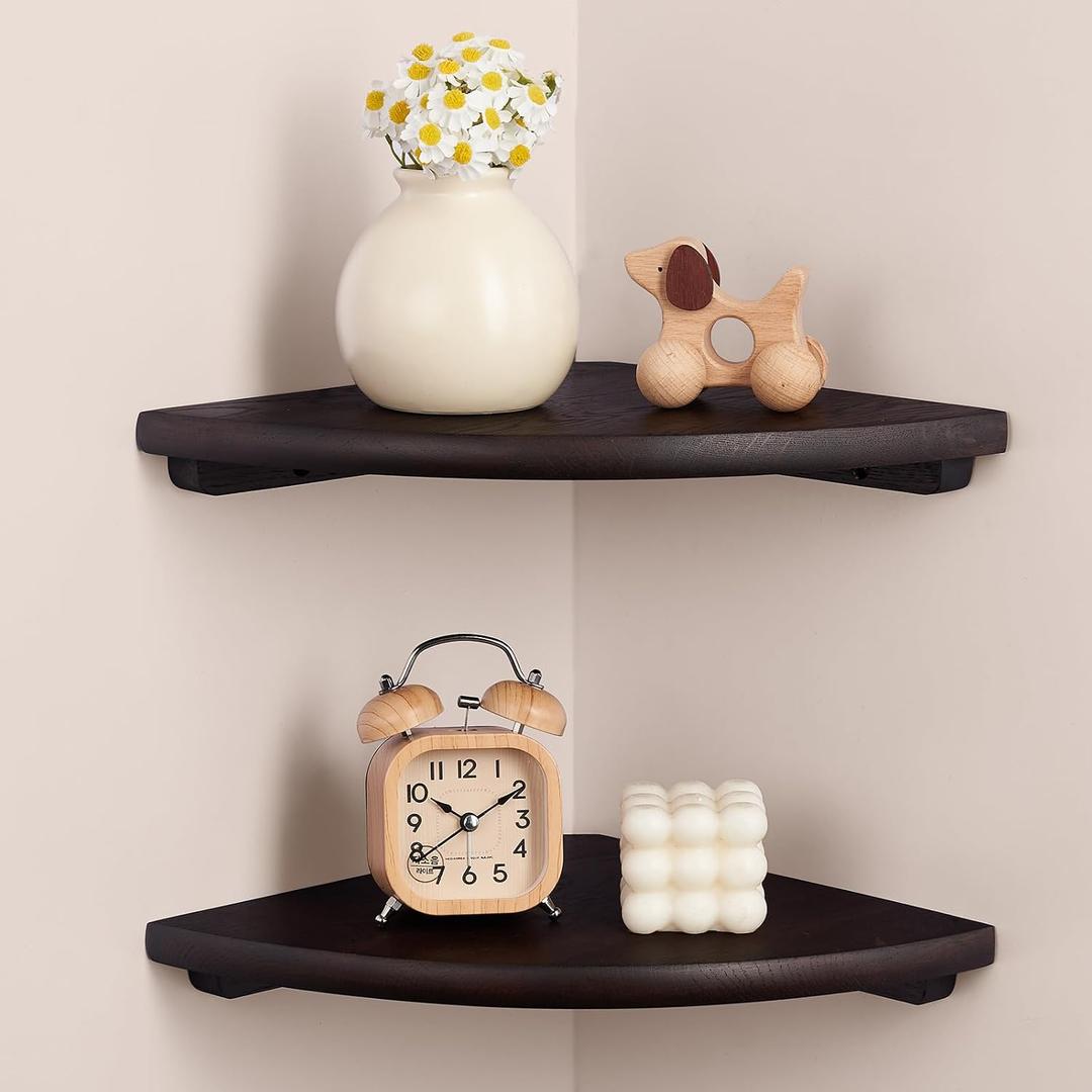 Gieanoo Corner Wall Shelf,7inch Solid Oak Wood Floating Corner Shelf with Wire Hole Corner Wall Storage Display Shelves for Living Room Bedroom Bathroom Kitchen(Walnut)