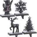 Set of 4 Cast Iron Christmas Stocking Holders for Mantel - Heavy Duty Stocking Hangers for Mantle- Xmas Tree Snowflake Deer Santa Stocking Holder for Mantle Decoration (Classic Black)