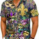 Purple Mardi Gras Short Sleeve Knit Casual Shirt for Men Mardi Gras Hawaiian Style Button Down Shirt for Man for Party Mens Mardigras Outfit (XXXL)