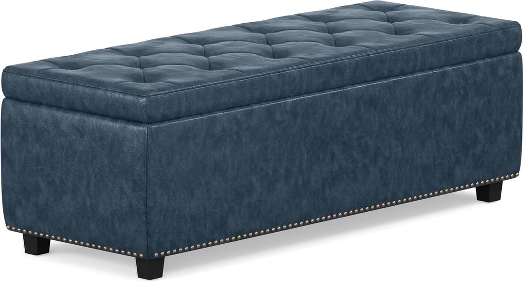 SIMPLIHOME Hamilton 48 inch Wide Traditional Rectangle Storage Ottoman in Denim Blue Vegan Faux Leather, Assembled, For the Living Room, Entryway and Family Room
