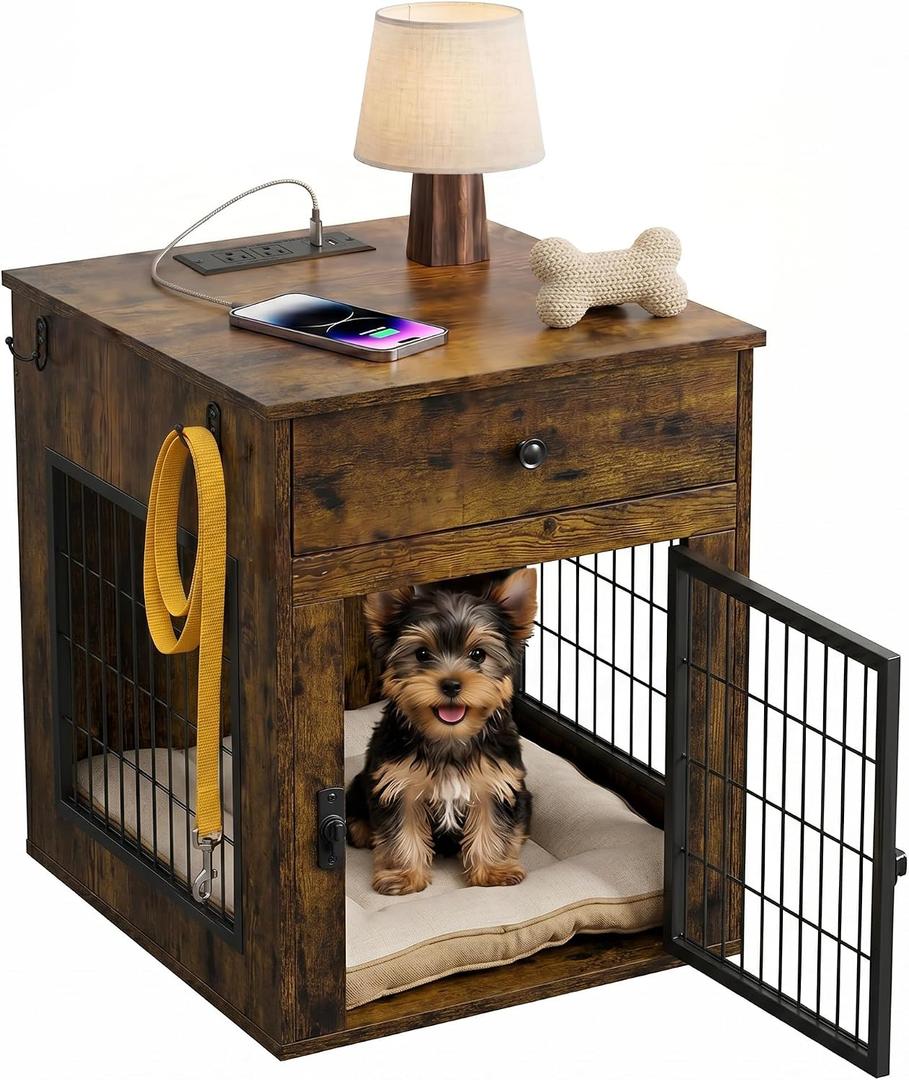 Dog Crate Furniture with Cushion and Charging Station,Small Dog End Table with Silent Drawer, Wooden Cage Kennel Indoor for Small Breeds 1“ Bar Spacing Anti-Chew Escape-Proof for Puppy