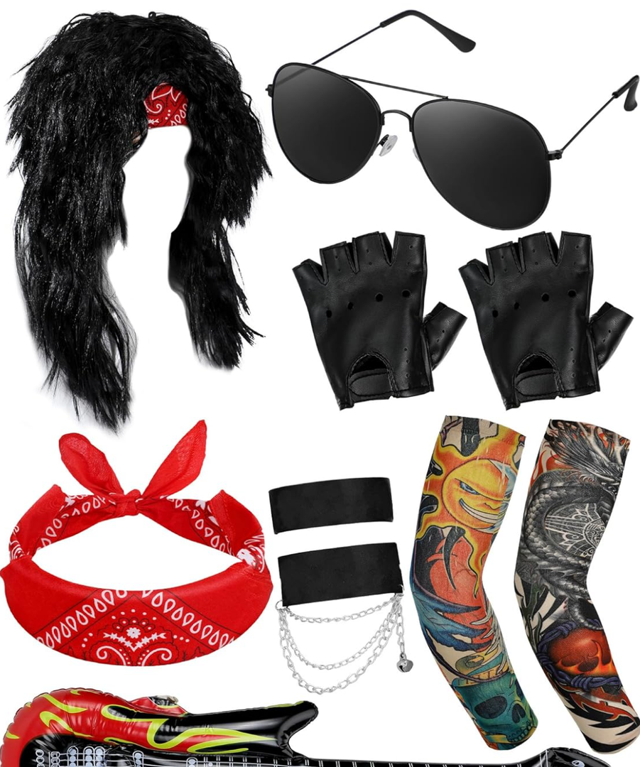 Mepase 80s Rock Costume Set for Women Wig Headband Tattoo Sleeve Gloves Cuff Glasses Inflatable Guitar Punk Rock Party, Size M