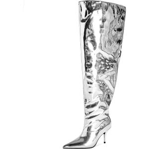 Women's Wide Calf Thigh High Heeled Boots Stiletto Cone Heel Boots Pointed Toe Pull On Black Boot Heels for Women (8)