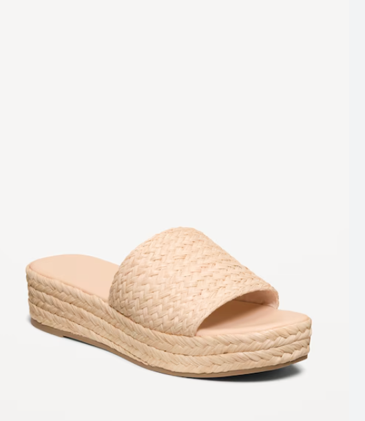 Old Navy Womens Platform Slides Sandals Square Open Toe Slip On Elastic Band Casual Lightweight Wedge Shoes (9, Beige)