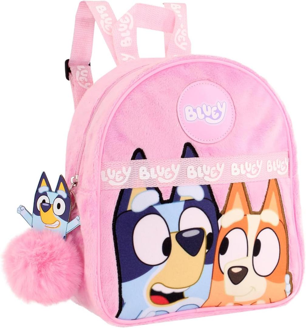 Bluey Backpack for Girls - Fluffy Fur Pink Kids Backpack Travel Purse for Children & Toddler School Bag Rucksack Handbag Ideal for Nursery and Daily Use