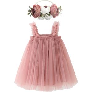BGFKS Layered Tulle Tutu Dress for Toddler Girls,Baby Girl Rainbow Tutu Princess Skirt Set with Flower Headband. (6 Months, Dusty Rose)