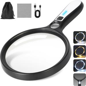 Large Magnifying Glass with Light: 10X 30X 5IN Lighted Handheld Magnifier with 13 LED Lights 3 Modes, 1150mAh Rechargeable Magnifying Lens Gift for Seniors Reading Coins Close Work-Black+White
