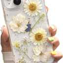 for iPhone 14 Clear Case with Pressed Real Flowers Design - Glitter Cute White Floral Pattern, Slim Soft TPU Protective Phone Cover for Women and Girls (iPhone 14, Clear White)