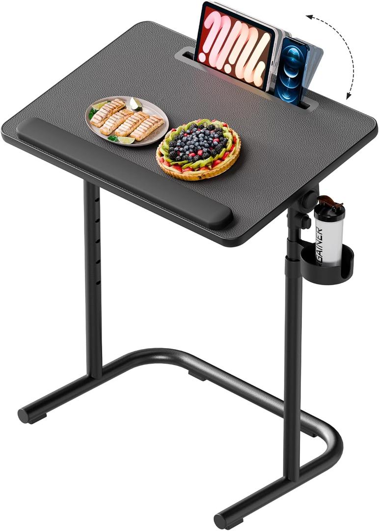 Extra Large TV Tray Table with Wrist Rest, Adjustable Height & Tilt Angle, Snack Table with Cup Holder for Sofa, Bedside, Laptop, Work, Eating - Black
