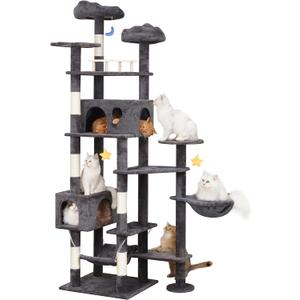 85in Giant Cat Tree for Heavy Duty Big Cats, Large Cat Trees with Scratching Post, Cat Tree Tower with Cat Condos, Hammock & Plush Perch for Maine Coon, Smoky Gray