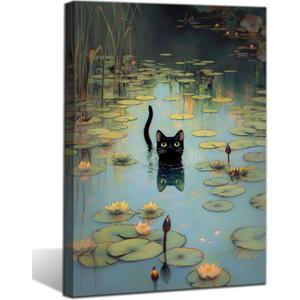 Water Lily Black Cat Canvas Wall Art Funny Lotus Black Cat Decor Pictures Retro Classic Impressionist Nature Painting Posters Prints for Home Decoration Bathroom Bedroom Living Room Decoration (10"L x 8"W)
