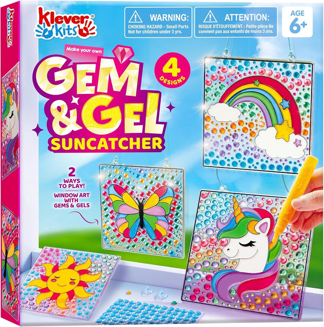 Klever Kits 4PCS Window Art, 2-in-1 Gems and Gels Suncatcher, 2 Ways to Play Diamond and Gels, Arts & Crafts Toys for Boys Girls, Christmas Birthday Gifts for Kids Age 6 and Up