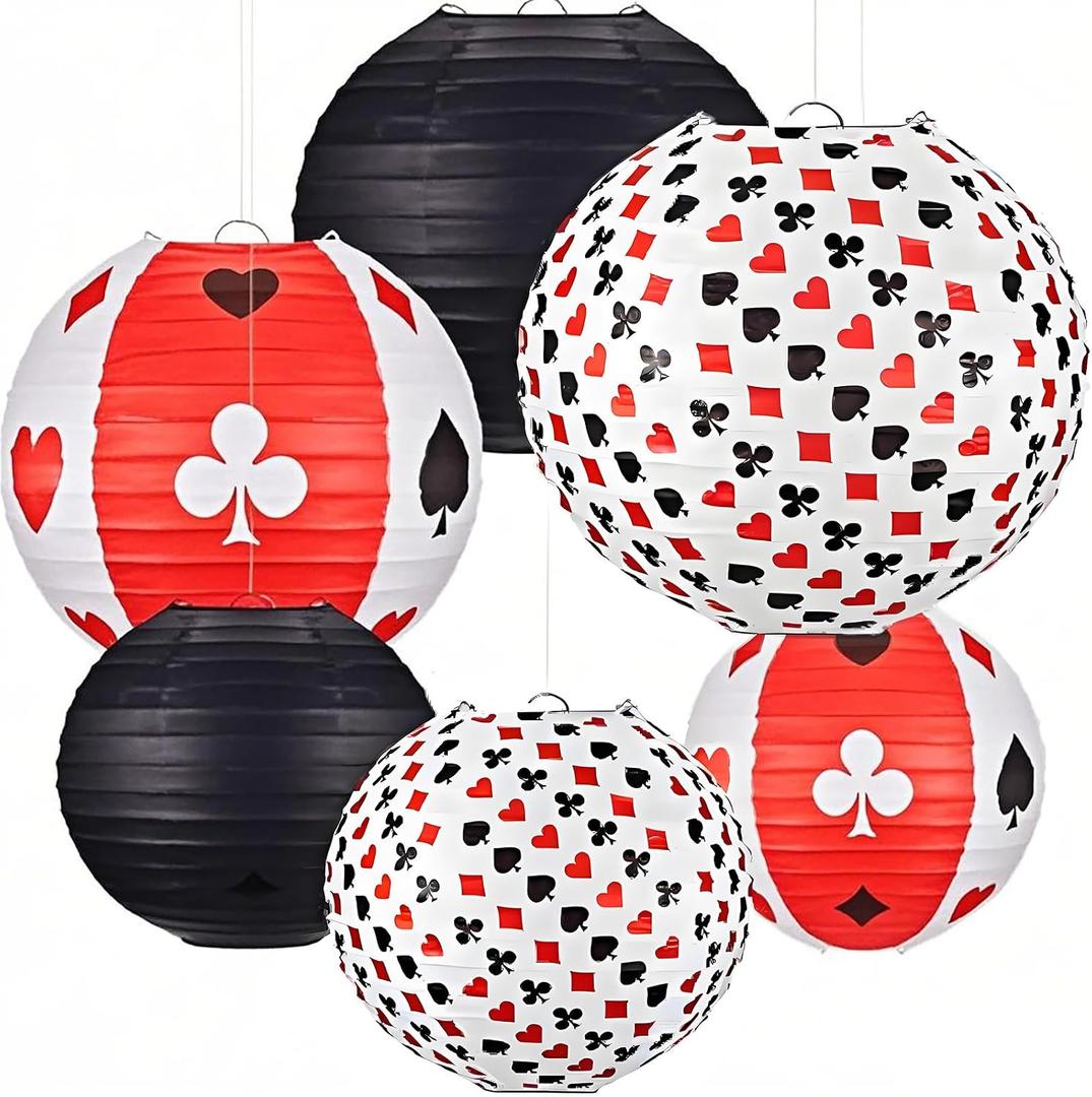 Mudder 6 Pcs Casino Party Decoration Black Red Paper Lanterns 10 Inch Poker Night Party Decorations Casino Hanging Lanterns