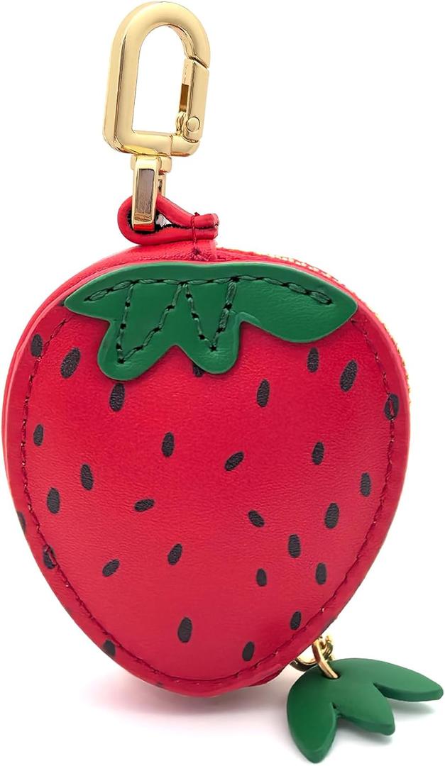 Fruit Coin Purse Keychain, Mini Leather Strawberry Bag Charms, Small Zipper Coin Pouch for Women