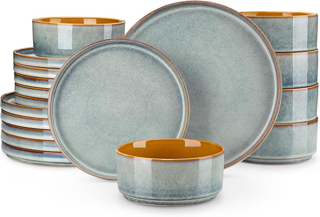 vancasso ONION Ceramic Plates and Bowls Sets, 18 Pieces Light Blue Dinnerware Sets for Kitchen, Reactive Glaze Dishes Set for 6, Dishwasher and Microwave Safe