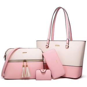 Women Fashion Synthetic Leather Handbags Tote Bag Shoulder Bag Top Handle Satchel Purse Set 4pcs (Large, A-pink Beige)