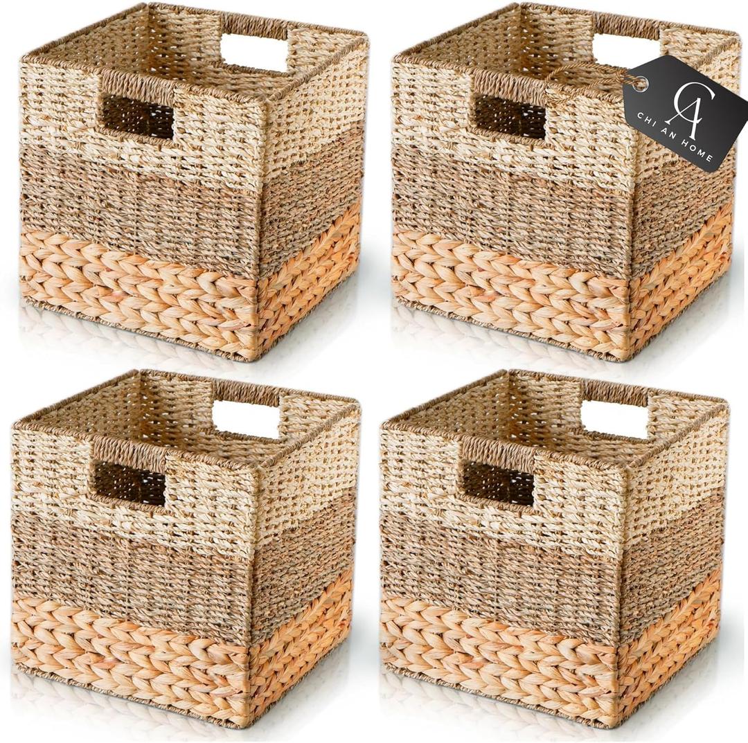 11 Inch Cube Storage Bins, Wicker Storage Baskets for Cube Shelf, Natural Foldable Square Baskets for Storage, Large Woven Storage Bin with Handle, Baskets for Pantry, Living Room Set of 4 (10.5x10.5x10.5)