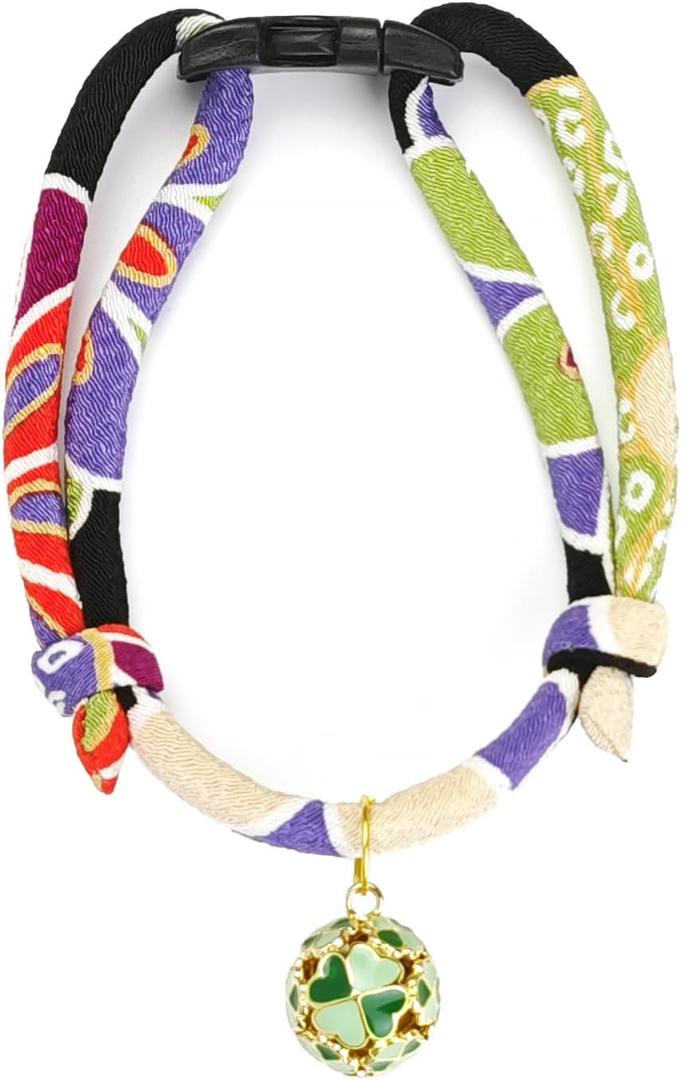 Soft Breakaway Cat Collar with Lucky Clover Bell. Adjustable Kimono Style, Safe, Stylish for Kittens & Adult Cats