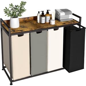 Laundry Hamper with Shelf, Laundry Basket 4 Section, Laundry Sorter with Pull-Out Removable Large 4 Color Bags and Movable Wheels, Metal Frame, 4 x 15.87 Gallons (60L), Rustic Brown PF07XLN ((4 Bags)43.7"L x 15.74"W x 33.66"H, Rustic Brown + 4-Color)